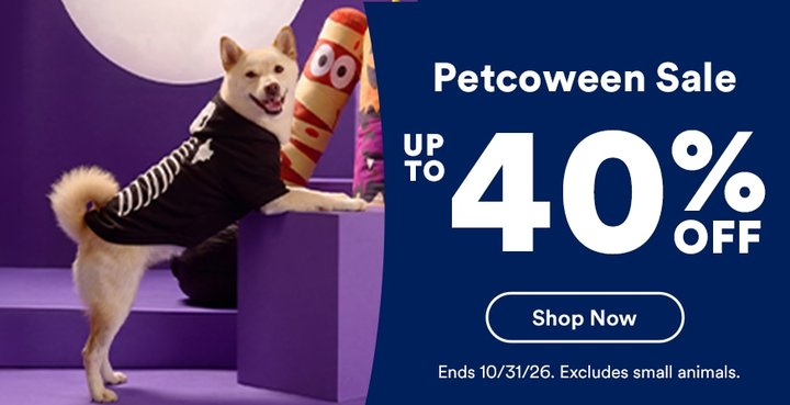 Petco Petcoween sale banner, up to 40% off, with a dog in a costume